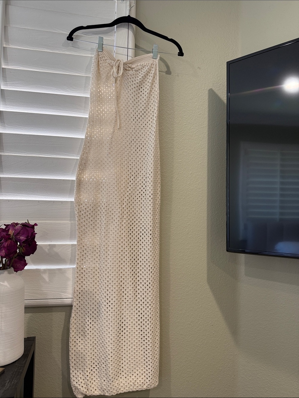Beige Crochet Maxi Skirt with Drawstring Waist